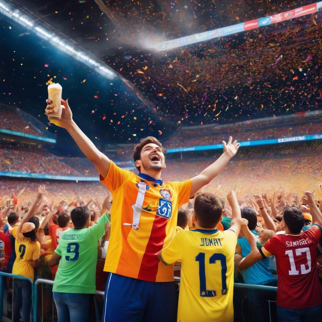 A dynamic scene capturing a diverse crowd of passionate sports fans in colorful jerseys, cheering wildly at a stadium filled with vibrant banners and flags. In the foreground, a family of fans enjoying snacks and sharing excitement, with a scoreboard displaying a thrilling game. The atmosphere is electric, with confetti raining down and a large screen broadcasting highlights. The color palette should be bright and lively, reflecting the energy of live sports. super-realistic. vibrant colors. dynamic composition.
