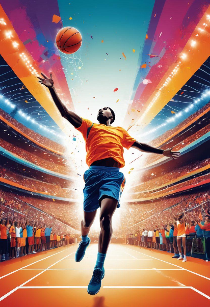A dynamic sports collage featuring a football, basketball, and tennis racket in motion, surrounded by a stadium filled with cheering fans. Incorporate various sports icons like trophies and medals in the background, symbolizing achievement and passion. The color palette should be vibrant and energetic, capturing the excitement of sports. The image should evoke a sense of community and engagement among sports fans. vector art. vibrant colors. white background.