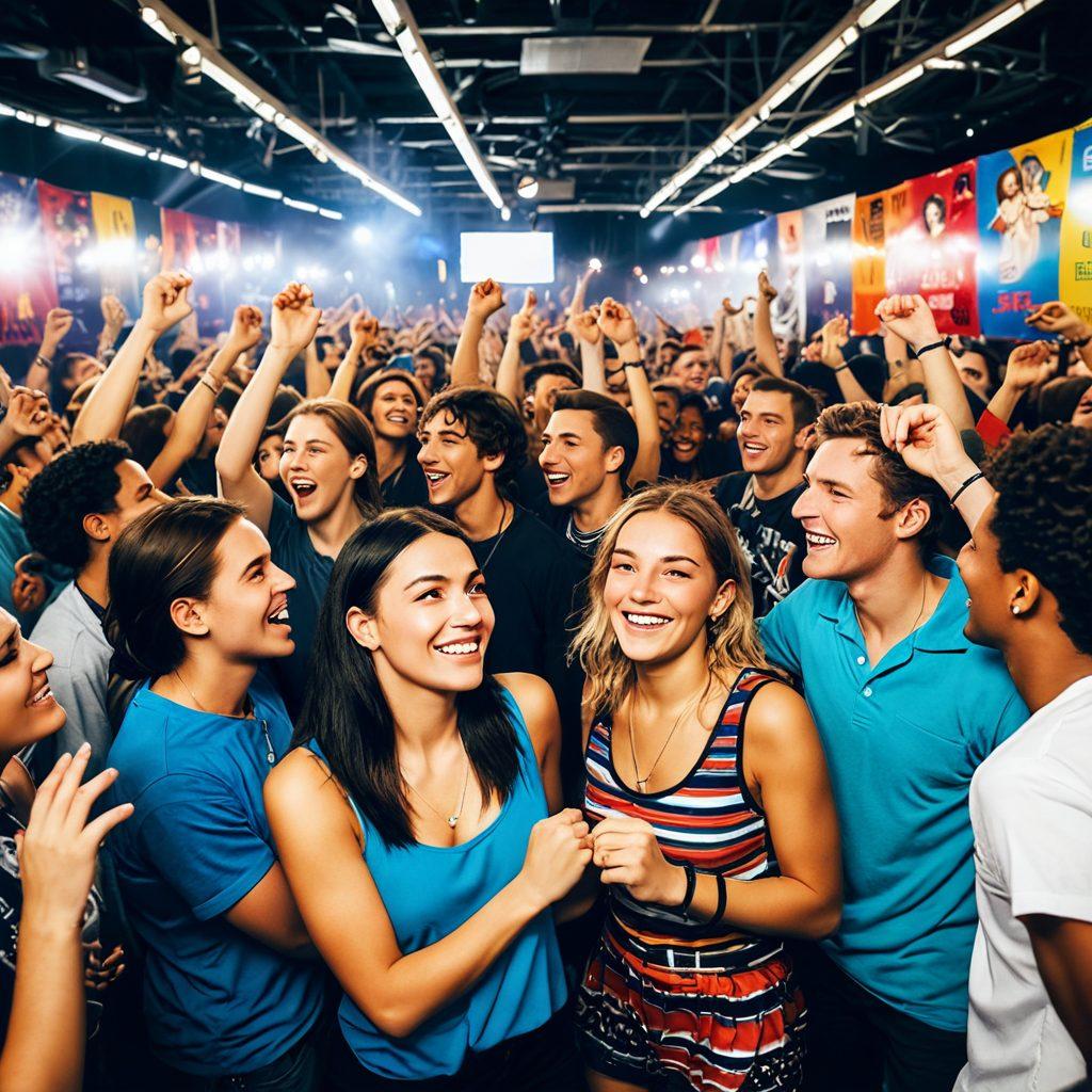 A vibrant backstage scene at a live event, filled with excited fans and crew members bustling around, colorful merchandise and banners hanging in the background. The focal point is a group of passionate fans sharing their experiences and emotions as they await the show, capturing the essence of fan culture. The atmosphere is electric, conveying a sense of anticipation and connection. super-realistic. vibrant colors. dynamic composition.